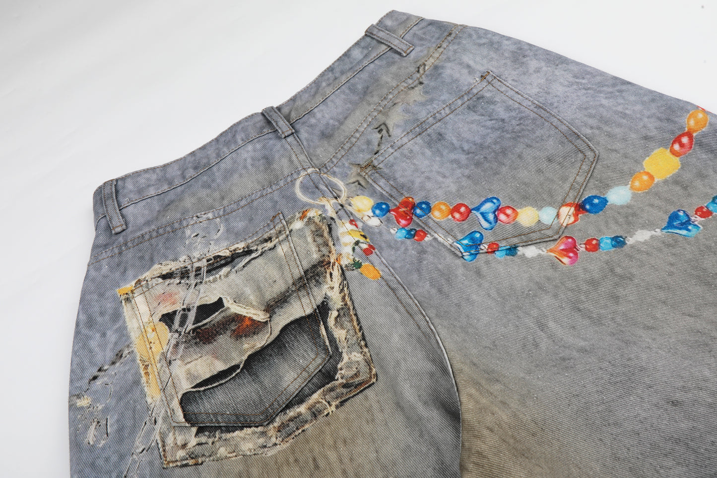 Women's Plush Doll Charm Chain Distressed Ripped Wide Leg Denim Jeans High Waist Beaded Y2K Streetwear Baggy Jeans