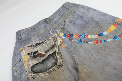 Women's Plush Doll Charm Chain Distressed Ripped Wide Leg Denim Jeans High Waist Beaded Y2K Streetwear Baggy Jeans