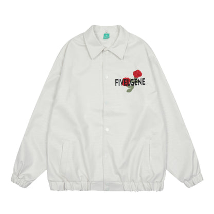 Oversized Rose Embroidery Coach Jacket Snap Button Crocodile Texture Streetwear Casual Fall Outerwear