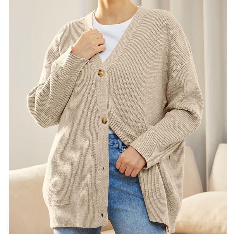 LILLUSORY Kvinnor Oversized Cardigan Tröja Höstoutfits Tyg Mode V-ringad Stickad Knapp Fram Casual Trendiga Toppar