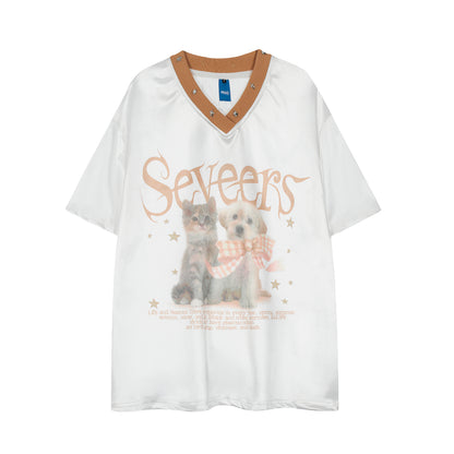 Seveers Cat Dog Print V-Neck Studded Contrast Collar Oversized Tee Short Sleeve Y2K Harajuku