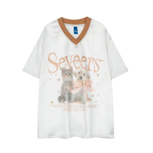 Seveers Cat Dog Print V-Neck Tee - White Front