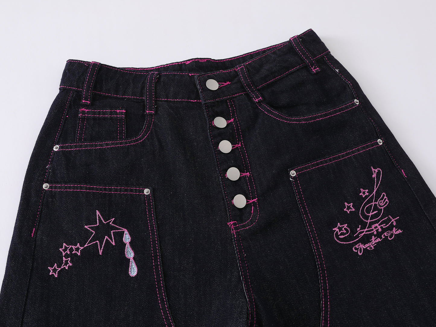 Heart Pocket Guitar Embroidery Wide Leg Denim Shorts Pink Stitch Button Fly Rhinestone Streetwear Baggy Jean Shorts | Rock Heart
