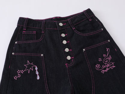 Heart Pocket Guitar Embroidery Wide Leg Denim Shorts Pink Stitch Button Fly Rhinestone Streetwear Baggy Jean Shorts | Rock Heart