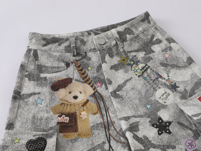 Snow Camo Cargo Shorts Teddy Bear Pendant Cartoon Patch Multi Pocket High Waist Casual Streetwear Baggy Shorts | Camo Bear