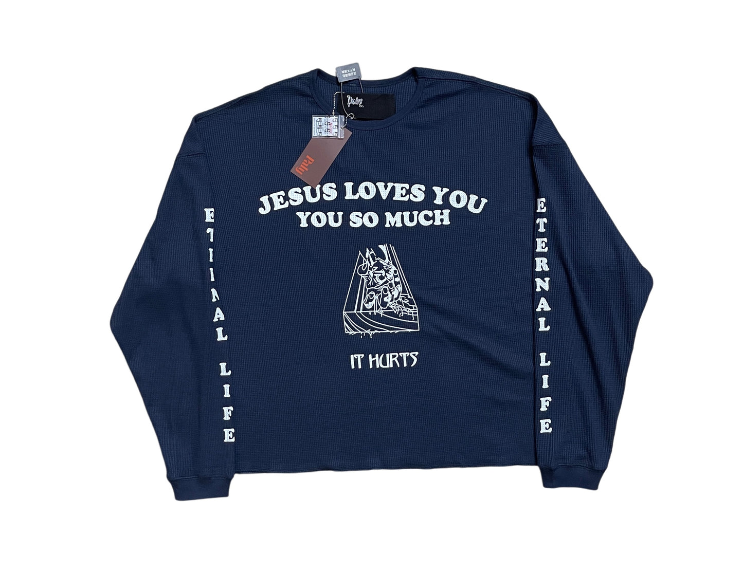 Eternal Life Graphic Print Long Sleeve Waffle Knit Oversized Tee Jesus Loves You Navy Streetwear Top | Eternal Navy