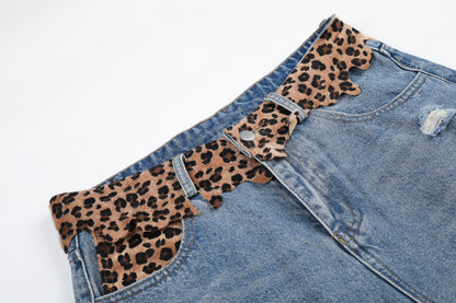Women's Leopard Print Waistband Wide Leg Distressed Denim Shorts Raw Hem High Waist Casual Summer Jean Shorts