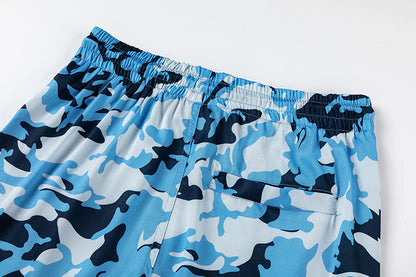 Blue Camo Drawstring Shorts, Elastic Waist Graphic Streetwear Casual Wear