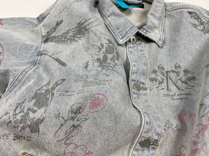 Represent Sketch Allover Print Denim Jacket Heavy Washed Distressed Oversized Short Trucker Streetwear | Rept Sketch