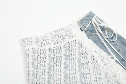 White Lace Crochet Patchwork Wide Leg Jeans Asymmetric Tie Waist Light Wash Denim Romantic Y2K