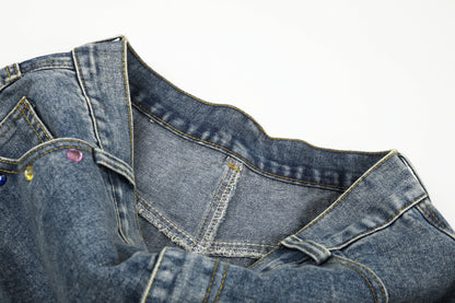 Women's Script Embroidery Rhinestone Wide Leg Denim Shorts High Waist Washed Casual Streetwear Jean Shorts