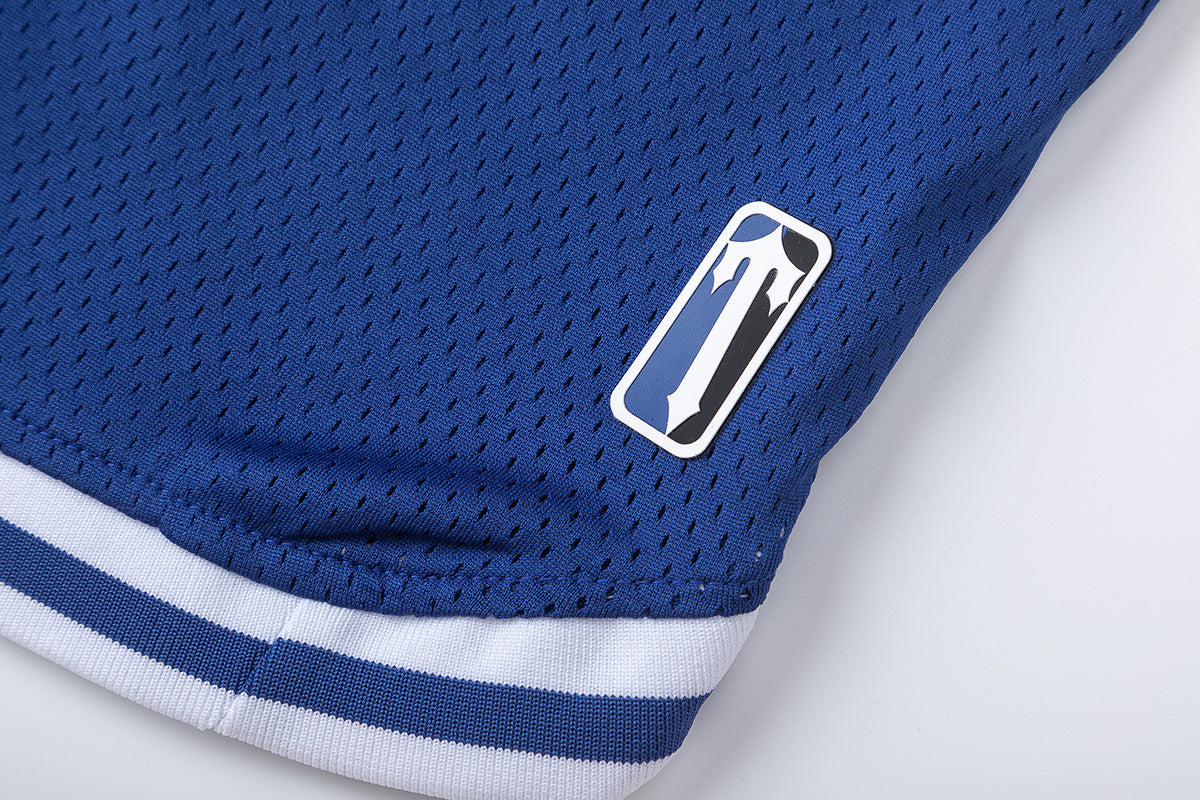 Blue graphic mesh basketball shorts with striped waistband and hem trim - view 5