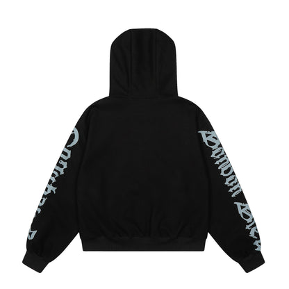 Fleur Goth Gothic Letter Print Zip Up Hoodie Oversized Streetwear Y2K Grunge Fleur-de-Lis Emblem Fleece Lined Sweatshirt | Fleur Goth