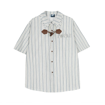 Stripe Fringe Collar Linen Cotton Short Sleeve Shirt Oversized Button Down Leather Buckle Detail Casual Summer Top | Fringe Stripe