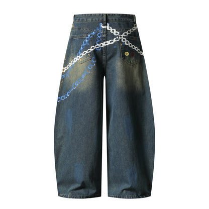 Graphic Chain Print Wide Leg Baggy Jeans Washed Denim High Waist Streetwear Y2K Casual Pants