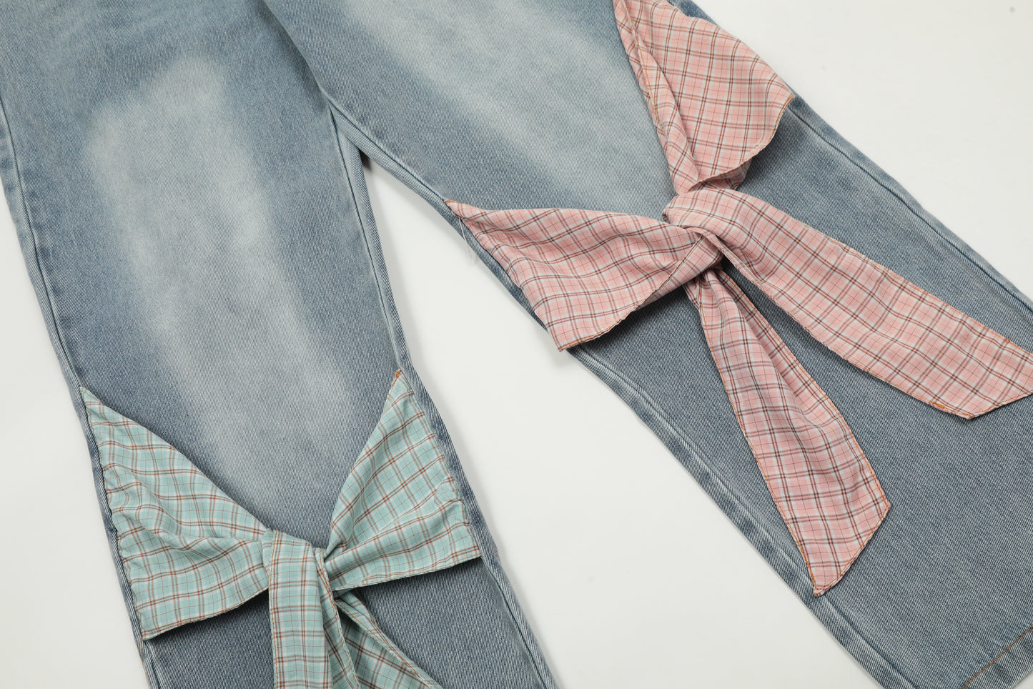 Plaid Bow Tie Side Leg Cutout Wide Leg Jeans Heart Wash High Waist Straight Denim Y2K Cute