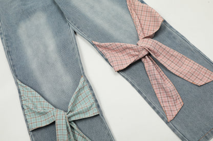Plaid Bow Tie Side Leg Cutout Wide Leg Jeans Heart Wash High Waist Straight Denim Y2K Cute