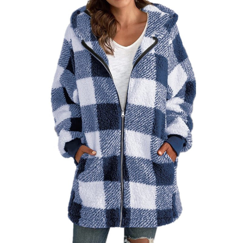 Europe and America plush women's outer 2024 new Amazon long sleeve plaid hooded zipper pocket loose outer