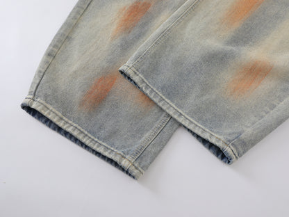 Tie Dye Orange Splash Wide Leg Baggy Jeans Washed Denim High Waist Streetwear Y2K Casual Pants