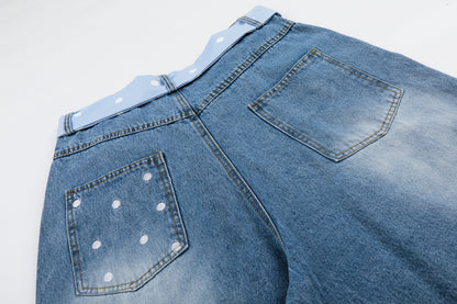 Women's I Love RVNTENG Letter Print Polka Dot Tie Wide Leg Denim Shorts High Waist Casual Streetwear Jean Shorts