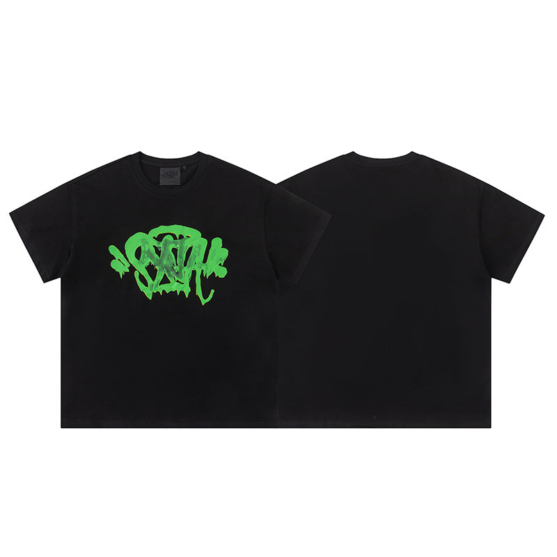 Black short sleeve crew neck T-shirt with bright green abstract graphic print - view 5