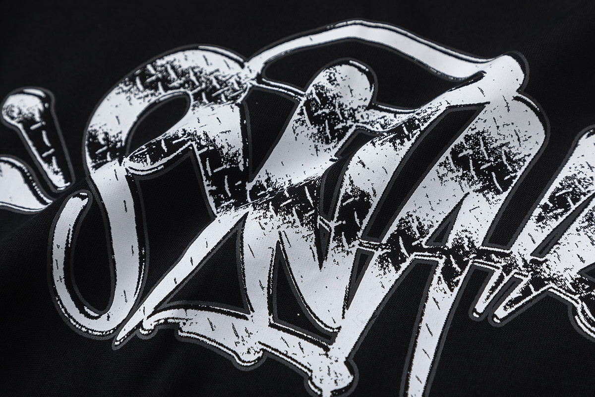 Unisex black short sleeve crew neck T-shirt with contrasting silver graffiti-style front graphic - view 5