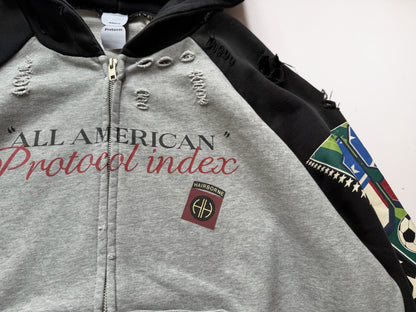 Protocol Index All American Football Print Raglan Zip Hoodie Distressed Washed Embroidered Streetwear | Grid Raglan
