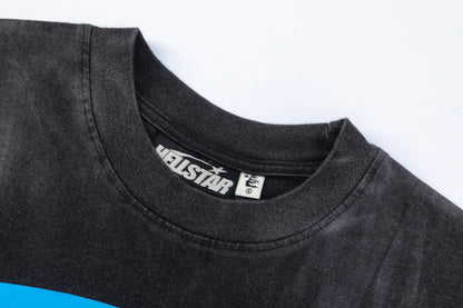 Washed Graphic Print Short Sleeve T-Shirt Flame Face Circle Logo Street Casual Unisex Tee | Blue Flame