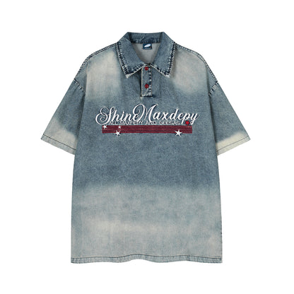 ShinMaxdepy Embroidered Letter Washed Denim Polo Shirt Oversized Short Sleeve Streetwear Y2K Vintage Summer Top | Shine Polo