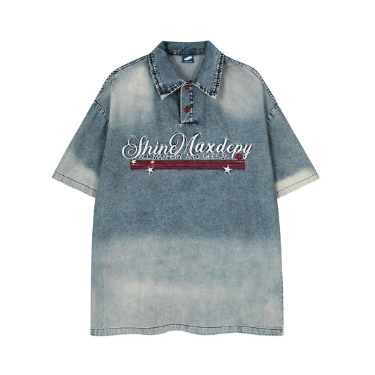 ShinMaxdepy washed denim polo shirt blue - front