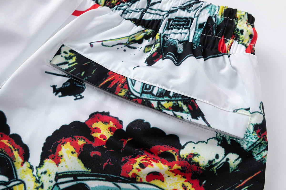 White graphic shorts with colorful cars, explosions, helicopters, elastic waistband, drawstring, and side pockets - view 5