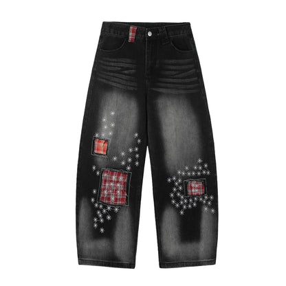 Red Plaid Patch Star Embroidery Wide Leg Jeans Washed Denim Patchwork Baggy Y2K Streetwear