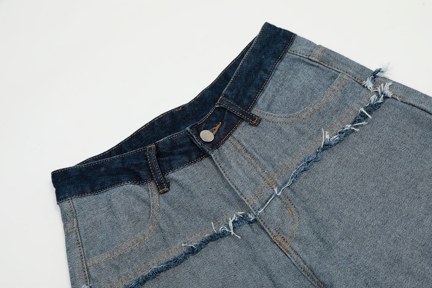 Dark Navy Waistband Raw Edge Arc Cutout Patchwork Baggy Wide Leg Jeans Deconstructed Y2K