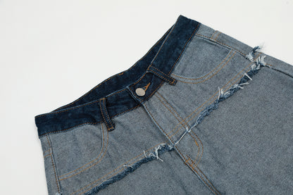 Dark Navy Waistband Raw Edge Arc Cutout Patchwork Baggy Wide Leg Jeans Deconstructed Y2K