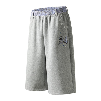 Star Print Number 34 Embroidery Wide Leg Sweat Shorts Plaid Elastic Waist Casual Streetwear Baggy Shorts | Star 34