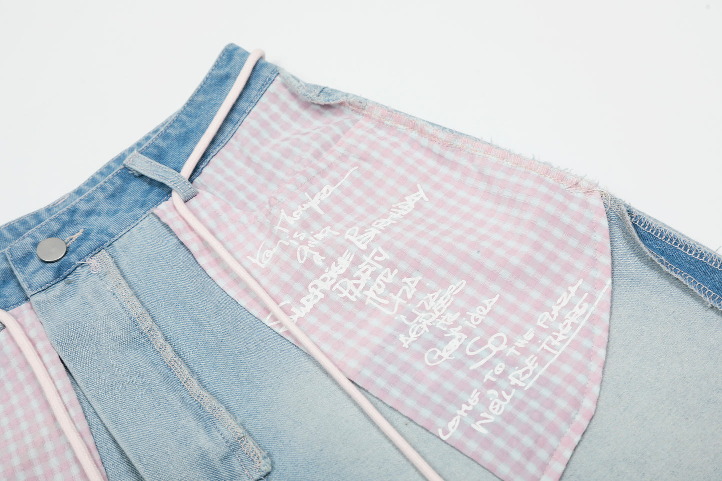 Pink Stripe Patchwork Heart Print Wide Leg Jeans Rope Tie Animal Lover Graffiti Light Wash Y2K