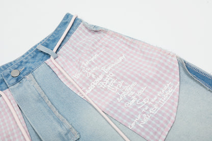 Pink Stripe Patchwork Heart Print Wide Leg Jeans Rope Tie Animal Lover Graffiti Light Wash Y2K