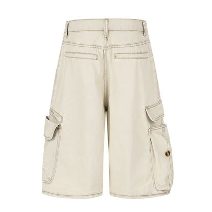 Women's Multi-Pocket Cargo Wide Leg Denim Shorts High Waist Contrast Stitch Casual Streetwear Jean Shorts