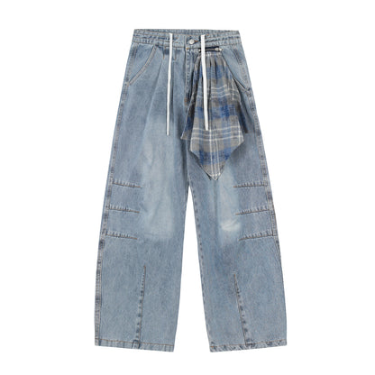 Plaid Scarf Waist Tie Drawstring Wide Leg Jeans Cargo Pocket Hem Slit Baggy Denim Y2K Streetwear