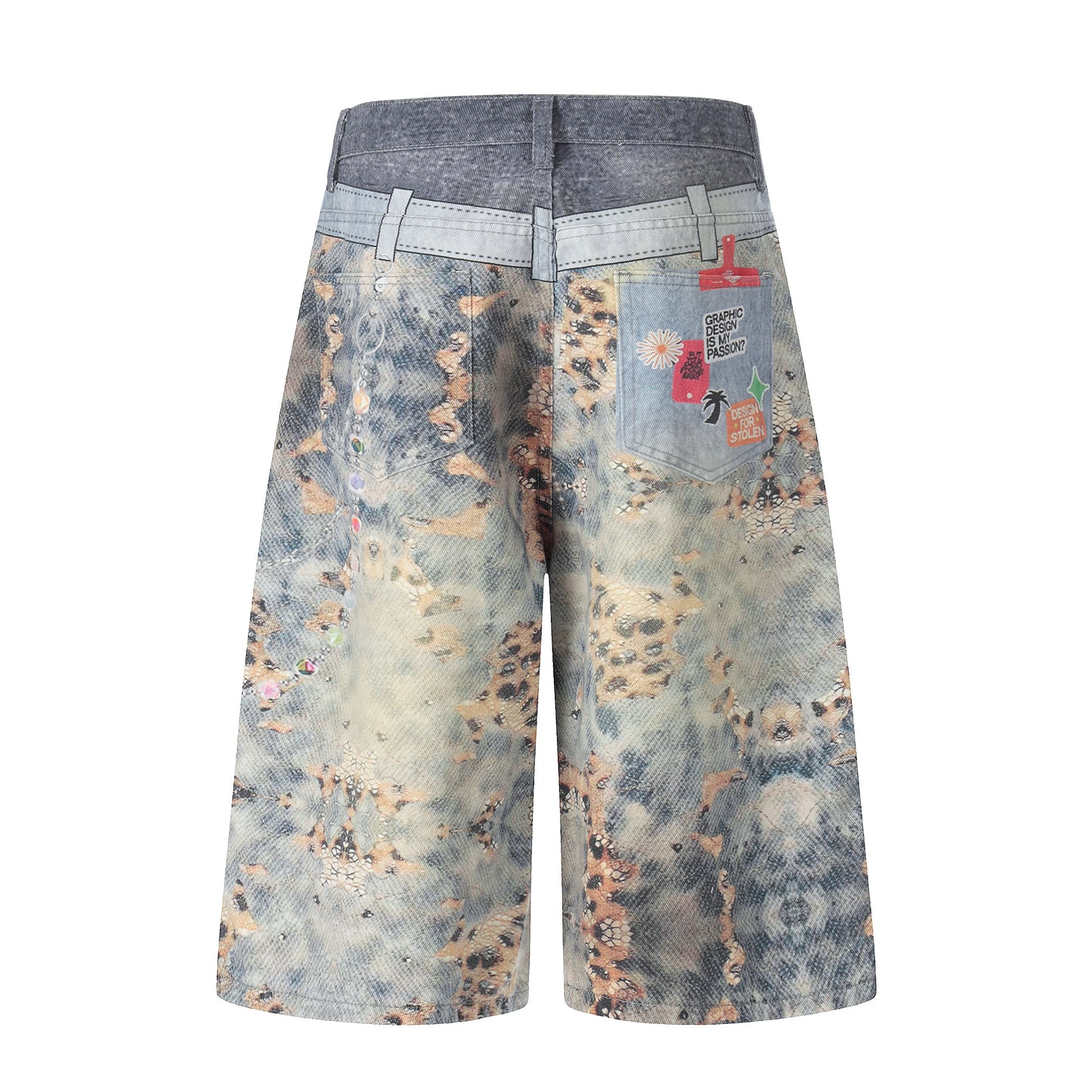 Women's Allover Print Bear Charm Chain Wide Leg Denim Shorts - Back View