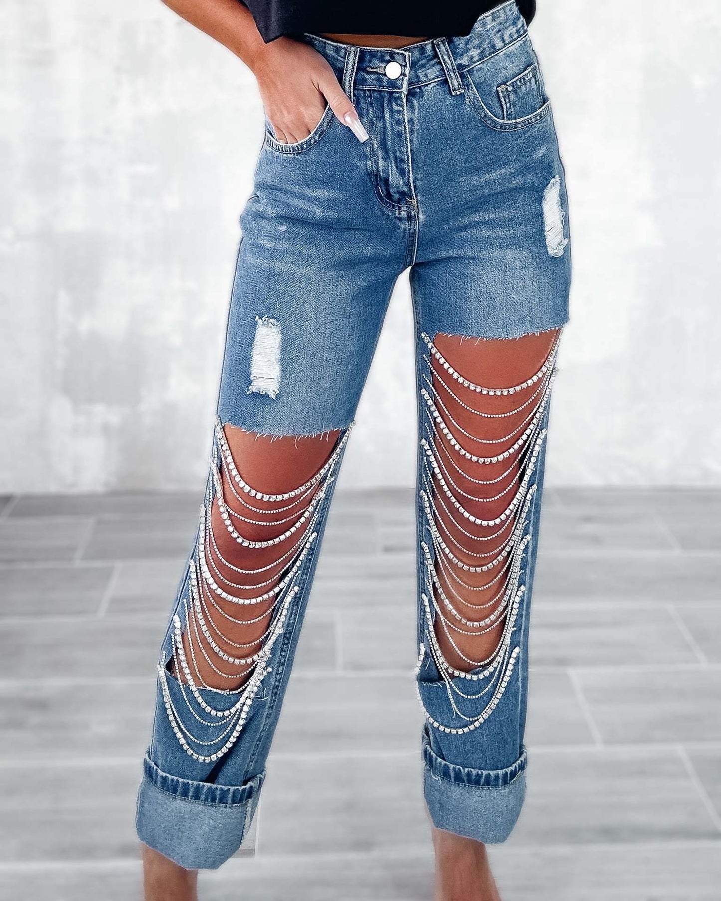 Early spring jeans with big holes for women, straight pants with chain ornaments