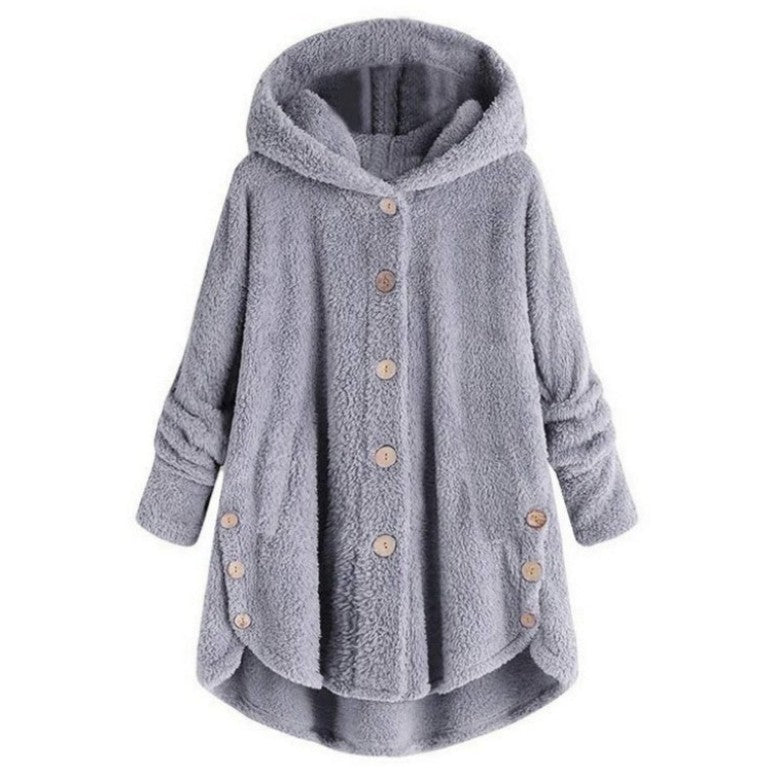 Qeaghou Thick Winter Coats for Women Causal Cute Sherpa Coats Fuzzy Fleece Warm Coats Button Down Long Sleeve Hooded Coat