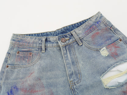 Paint Splash Distressed Ripped Denim Shorts Wide Leg High Waist Washed Streetwear Summer Casual Jean Shorts | Violet Wreck