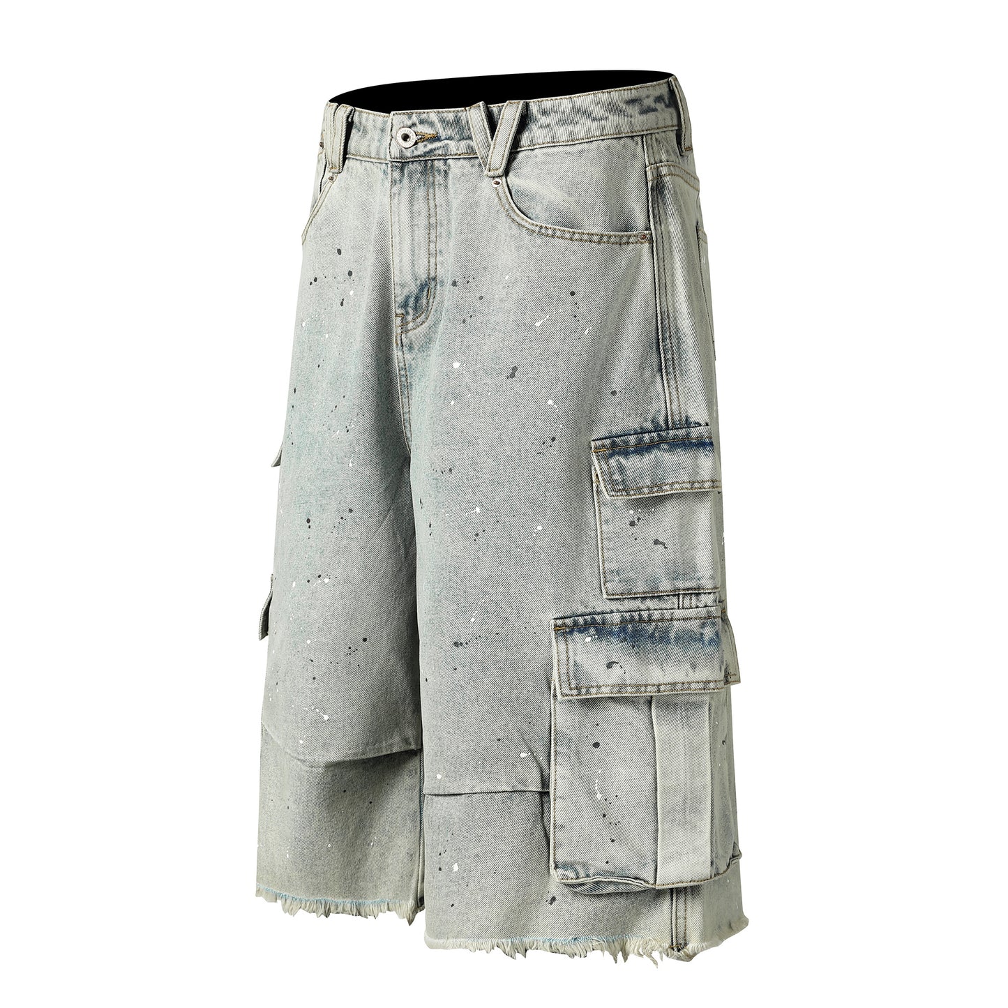 Dog Graphic Paint Splatter Cargo Denim Shorts Wide Leg High Waist Washed Multi-Pocket Streetwear Summer Casual Jean Shorts | Pup Cargo