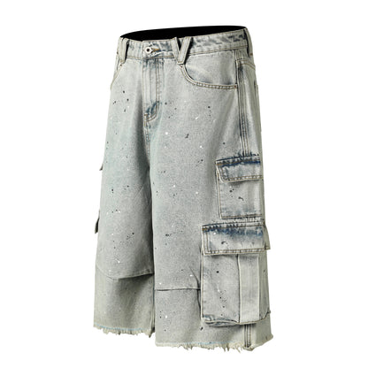 Dog Graphic Paint Splatter Cargo Denim Shorts Wide Leg High Waist Washed Multi-Pocket Streetwear Summer Casual Jean Shorts | Pup Cargo