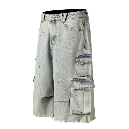 Dog Graphic Paint Splatter Cargo Denim Shorts Wide Leg High Waist Washed Multi-Pocket Streetwear Summer Casual Jean Shorts | Pup Cargo