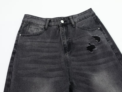 Distressed Ripped Wide Leg Jeans High Waist Washed Black Sandy Fade Black Patch Pocket Streetwear Denim Trousers | Void Rip