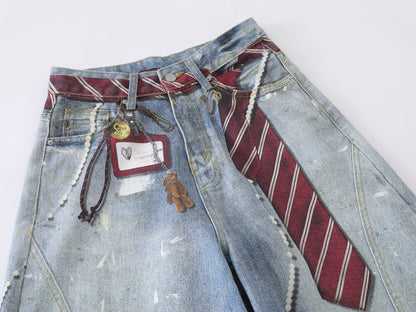 Paint Splatter Balloon Wide Leg Jeans Striped Tie Pearl Chain Charm High Waist Baggy Distressed Denim Pants Streetwear Trousers | Tie Pearl