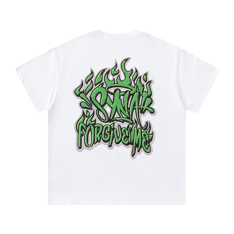 White crew neck graphic T-shirt with small green chest graphic and large graffiti-style back print - view 5