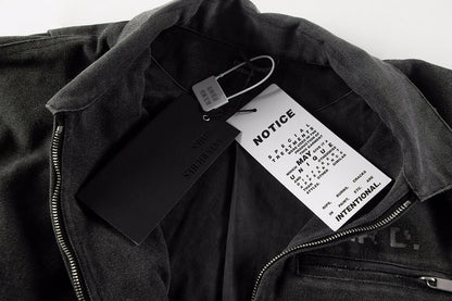 ERD Detroit Canvas Jacket Oversized Washed Denim Collar Zip Up Streetwear Coat Unisex Heavy Distressed | ERD Detroit